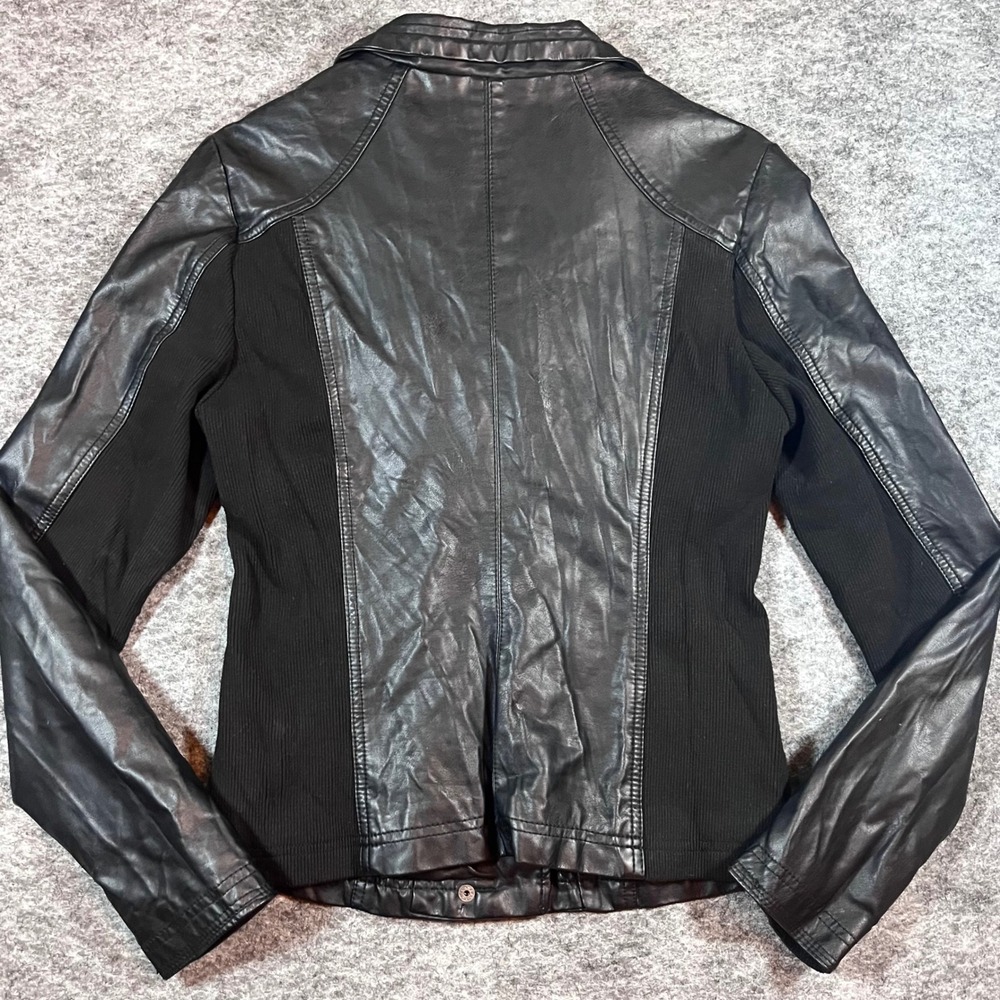 RD Style Moto Jacket Women S Black Faux Leather Biker Ribbed Knit Sleeves Rocker - Picture 2 of 12